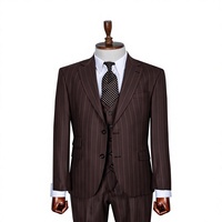 Costume d'affaires marron à fines rayures pour homme, croisé, col mandarin, coupe droite, viscose polyester, infroissable, grandes tailles