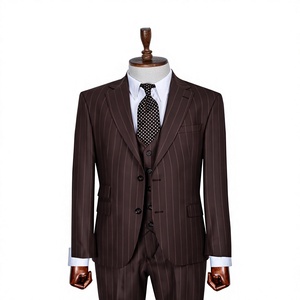 Costume d'affaires marron à fines rayures pour homme, croisé, col mandarin, coupe droite, viscose polyester, infroissable, grandes tailles - Product Image 1