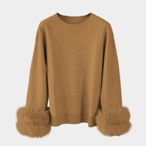 Nuovo Arrivo all'Ingrosso: Maglione Pullover da <span class=keywords><strong>Donna</strong></span> in 100% Lana, Colore Tinta Unita, Collo a O, con Polsini in Pelliccia di Volpe - Product Image 6