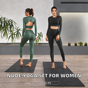 Ensemble de yoga 2 pièces sans couture avec leggings taille haute et haut court à manches longues pour femme en vert et noir - Product Image 2