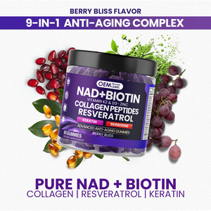 OEM NAD + Resveratrol berine Biotin Anti Penuaan untuk rambut kuku suplemen sendi kolagen peptida K2 & D3 Gummies