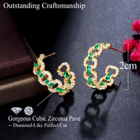 Boucles d'oreilles créoles rondes en zircon cubique vert, design Cuban Link, plaqué or 18 carats, bijoux de mode pour femmes, accessoires brésiliens