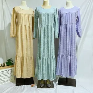 Hot selling elegant plus Round Neck Muslim Abaya Dubai Kaftan Women Long Maxi casual Dress Robe Gown