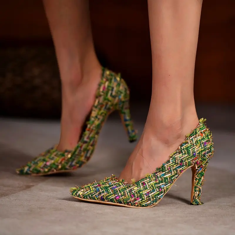 Zapatos de tacón alto de aguja para mujer, calzado de lona a juego, con punta estrecha, a la moda, para oficina