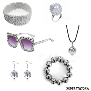 PESENAR Ensemble d'accessoires Disco Diva des années 1970, 6 pièces : Bijoux boule à facettes argentée, lunettes de soleil en strass et <span class=keywords><strong>bandeau</strong></span> tendance - Product Image 1