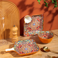 Service de table en céramique à motif mandala, assiettes et bols, glaçure orange, style bohème, pour restaurant et maison
