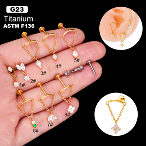 Pendientes de Titanio G23 F136 con Cadena Larga y Borla de Circonitas, Rosca Interna, Parte Trasera Plana, para Piercing de Cartílago y Hélix - Product Image 1