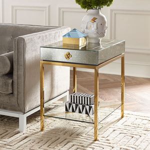 Jonathan Adler <strong>Antique</strong> Mirrored <strong>Bedside</strong> <strong>Table</strong> with Drawer Gold Metal Base Glass Layer Nightstands Modern Bedroom Side Cabinets - Product Image 1
