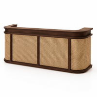 Comptoir de réception en rotin style Mid-Century, avec façade en bois courbée, personnalisable pour salon de beauté, spa des ongles