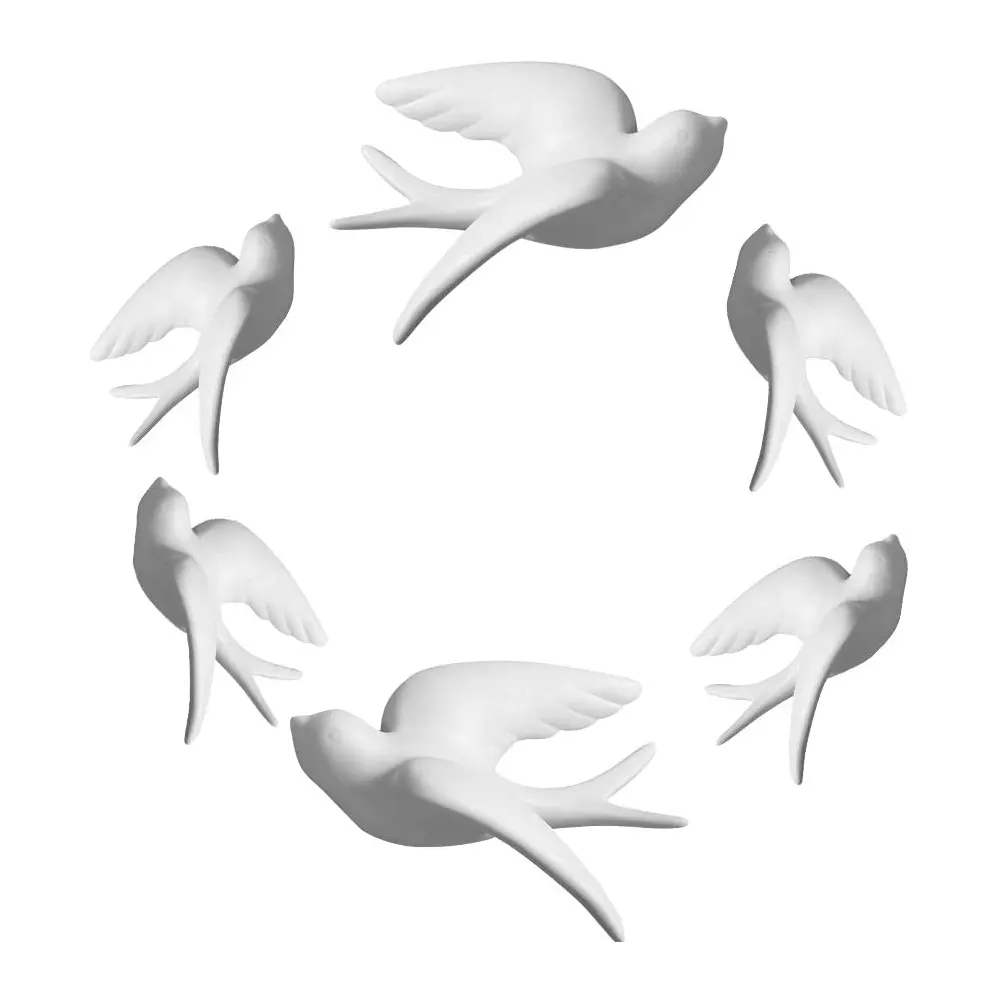 Set of 6 White Ceramic Sparrows Swallows Birds Wall Mounted Hanging for Living room Garden Wall Sculptures Decor