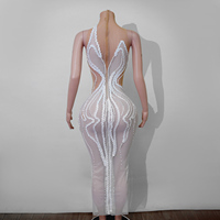 Couture Weißes Perlenbesetztes Kleid, Sexy Transparentes Mesh-Festkleid, Handgefertigte Diva-Bühnenkleidung für Roter-Teppich-Gala