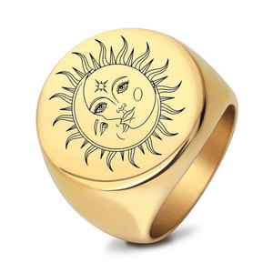 Bague ronde en acier inoxydable lisse de 22mm, design soleil et lune, bijoux pour hommes, cadeau, couleur or - Product Image 1