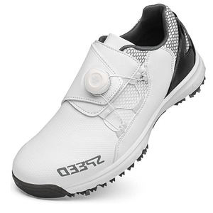 Chaussures de golf blanches pour hommes ZEEQ avec empeigne en mesh et semelle extérieure en caoutchouc, baskets de sport respirantes à crampons fixes et laçage rapide - Product Image 2
