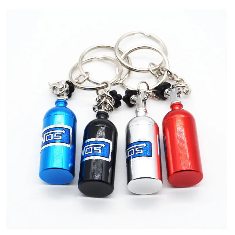 Wholesale cheap price car key rings mini nos bottle keychain aluminum alloy auto key holder blue style