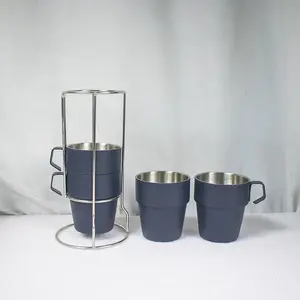 Canecas de café empilháveis de aço inoxidável com suporte de metal, conjunto de xícara de café isolada para café, chá, leite, acampamento ao ar livre