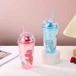 Cute 450ml Astronaut Dinosaur Star Print <b>Plastic</b> Tumbler with <b>Straw</b> and Sparkling Ice Glitter with Decorative Figurine Dome Lid - Product Image 5
