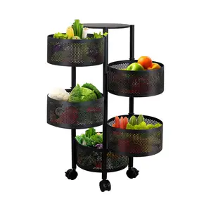 Cozinha Rotating aço carbono armazenamento rack multi-camada metal frutas vegetais cesta orgainer com roda