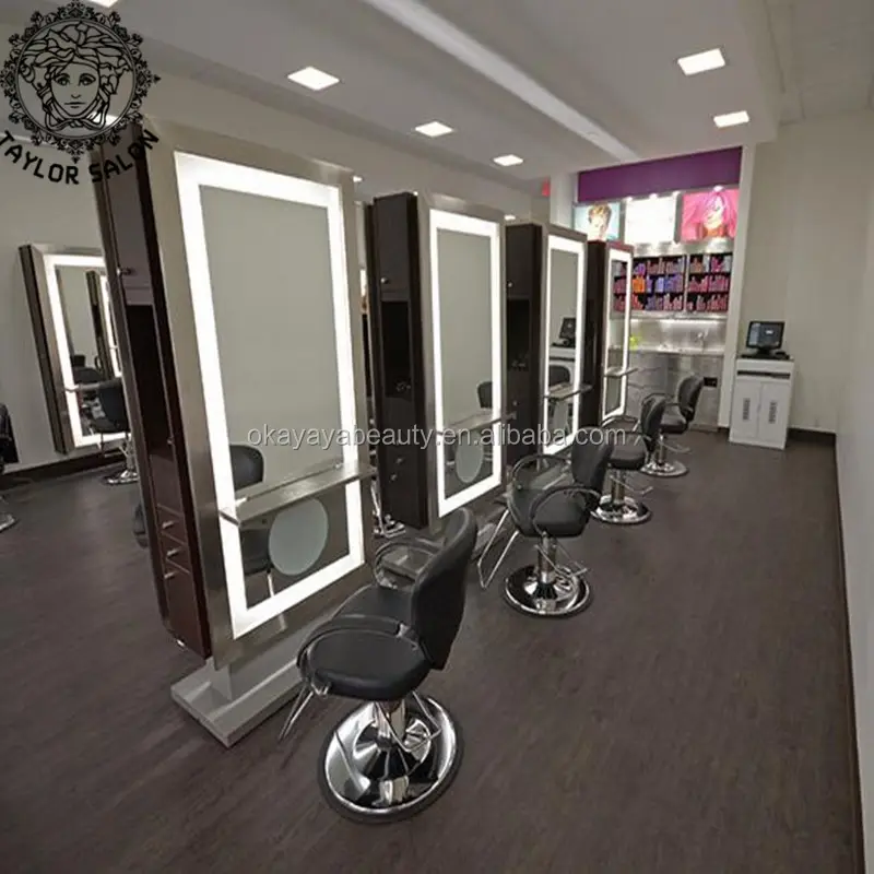 Saloon equipment double sided hair salon mirrors stations barber station styling mirror with LED light