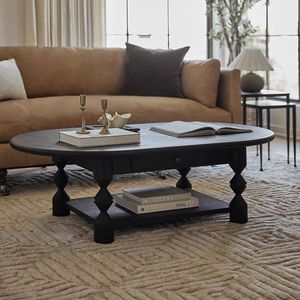 French Style Oval Solid Wood Coffee <b>Table</b> <b>Black</b> Vintage Double Drawer Living Room Furniture - Product Image 3