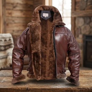 Leather Bomber <b>Jacket</b> with Fur Trim Casual Stand Collar Washed Finish Zipper Front OEM Service-<b>Winter</b> - Product Image 2