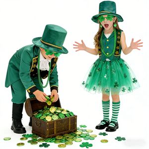Disfraz Irlandés del Día de San Patricio, Conjunto de Trébol de Cuatro Hojas, Disfraz Infantil para Fiestas y Actuaciones, Traje Verde Unisex - Product Image 1