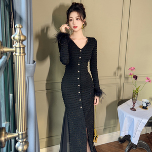 ZYHT 40164 oro nero Maxi abito Casual a collo singolo a manica lunga da donna in maglia <span class=keywords><strong>con</strong></span> <span class=keywords><strong>spacco</strong></span> anteriore abito sirena <span class=keywords><strong>con</strong></span> pelliccia - Product Image 2