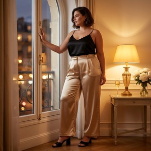 Pantalon large en satin champagne uni sur mesure OEM pour femme, taille haute, élégant, soirée, décontracté, luxe, grandes tailles EU 44 58 S 5XL - Product Image 4