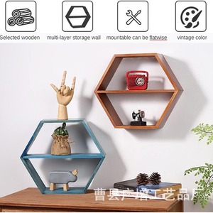 Hexagonal Wall <b>Shelf</b> Wooden Storage <b>Rack</b> 2 Tier Retro Color Wall Mounted Display <b>Rack</b> For Home Decoration - Product Image 2