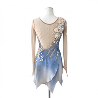 Robe de patinage et de danse dégradé bleu et blanc, maille nude, manches longues, strass floraux, pour enfants et adultes, compétition et performance