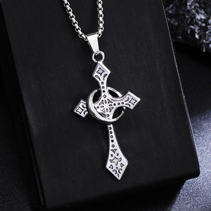스테인리스 스틸 패턴 십자가 목걸이와 반지, 남녀 공용 종교 장신구 - Product Image 2