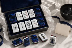 Juego de Mahjong Acrílico Azul Cósmico Personalizado, Fichas de Juego Grabadas con Temática Astronómica de Alta Gama, con Estuche de Cuero - Product Image 2