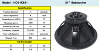 Vente en gros usine HD21X451 Subwoofer professionnel 21'' 2000W AES 4000W Max 8 Ohms Bobine vocale 115mm Unité de haut-parleur de scène PA