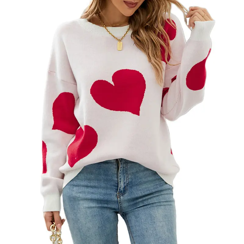 Maglione completamente personalizzato Pullover Hearts Jacquard Knit Vintage Drop Shoulder Relax Fit Love maglione donna