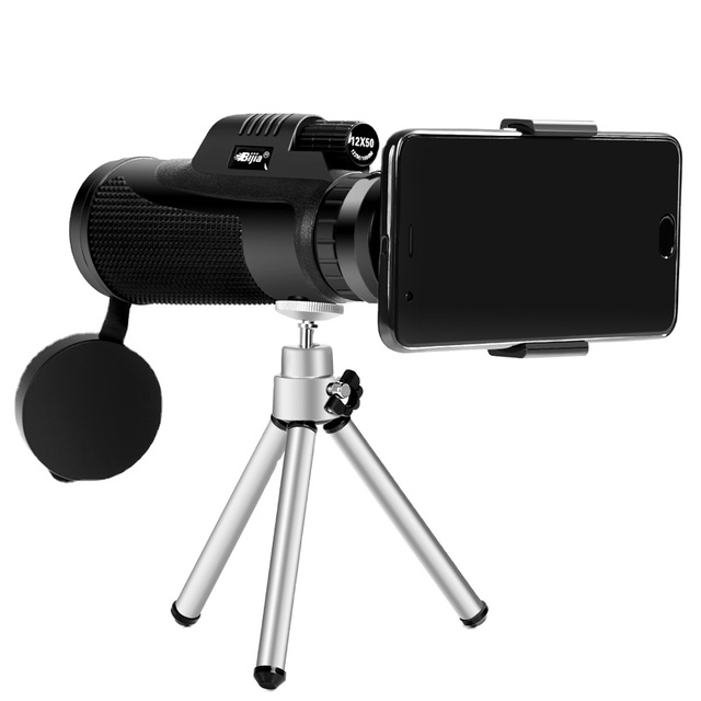 BIJIA 12x50 High-Definition Portable Monocular Telescope for Outdoor with Clip and Tripod 50mm Objective Diameter