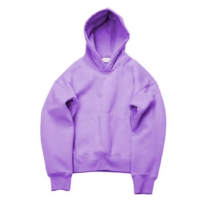 Sweat à capuche en molleton de coton épais imprimé, vente en gros, uni, blanc, violet, sans cordes