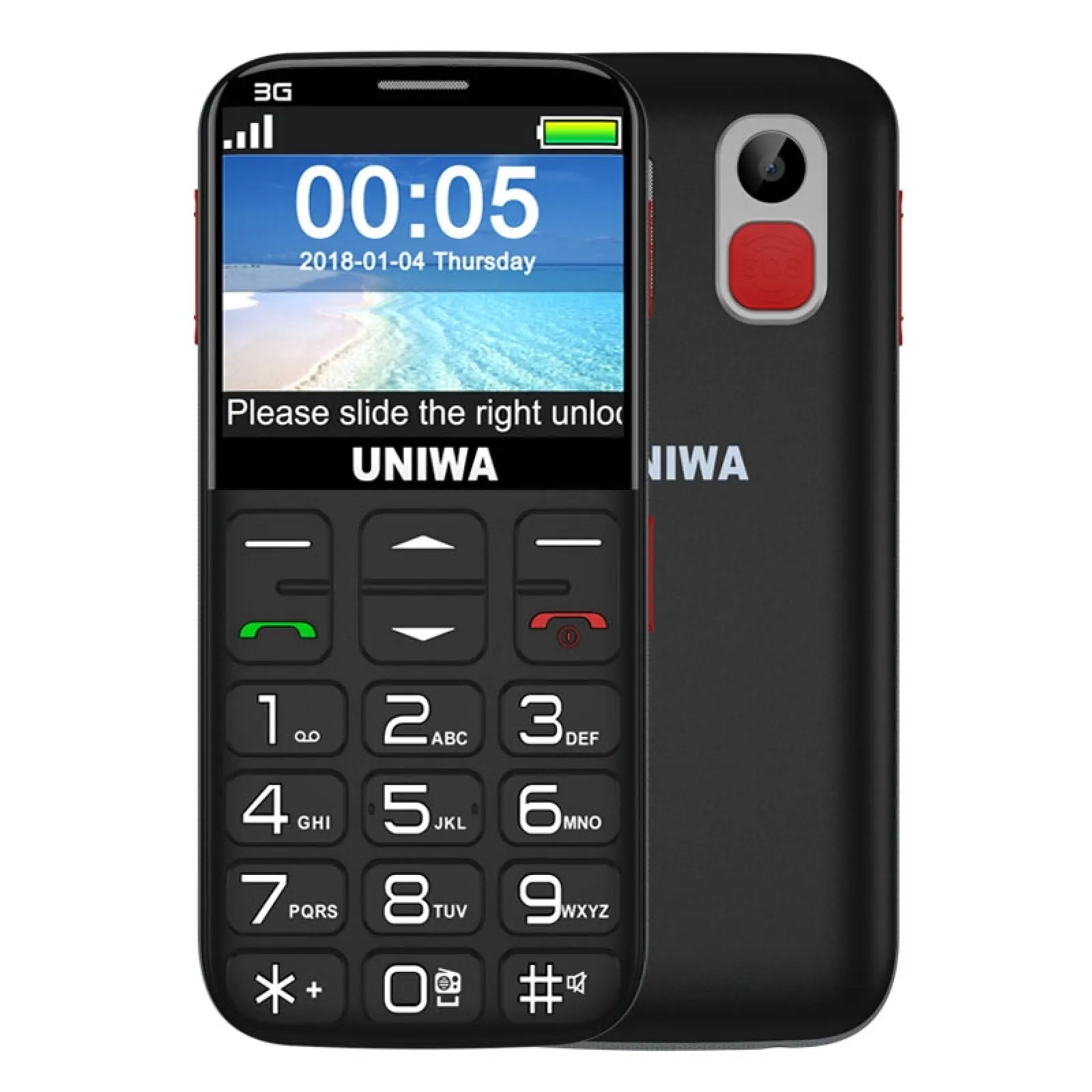 UNIWA V808G 3G รองรับบลูทูธ21คีย์1400mAh, แบตเตอรี่สำหรับผู้สูงอายุพร้อมฐานเชื่อมต่อ