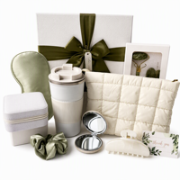 Coffret Cadeau Luxe Vert Sauge Lunaire pour Femme : Trousse de Maquillage Matelassée, Gobelet Isotherme Café, Rouleau de Jade, Masque pour les Yeux – Idéal Demoiselle d'honneur ou Anniversaire