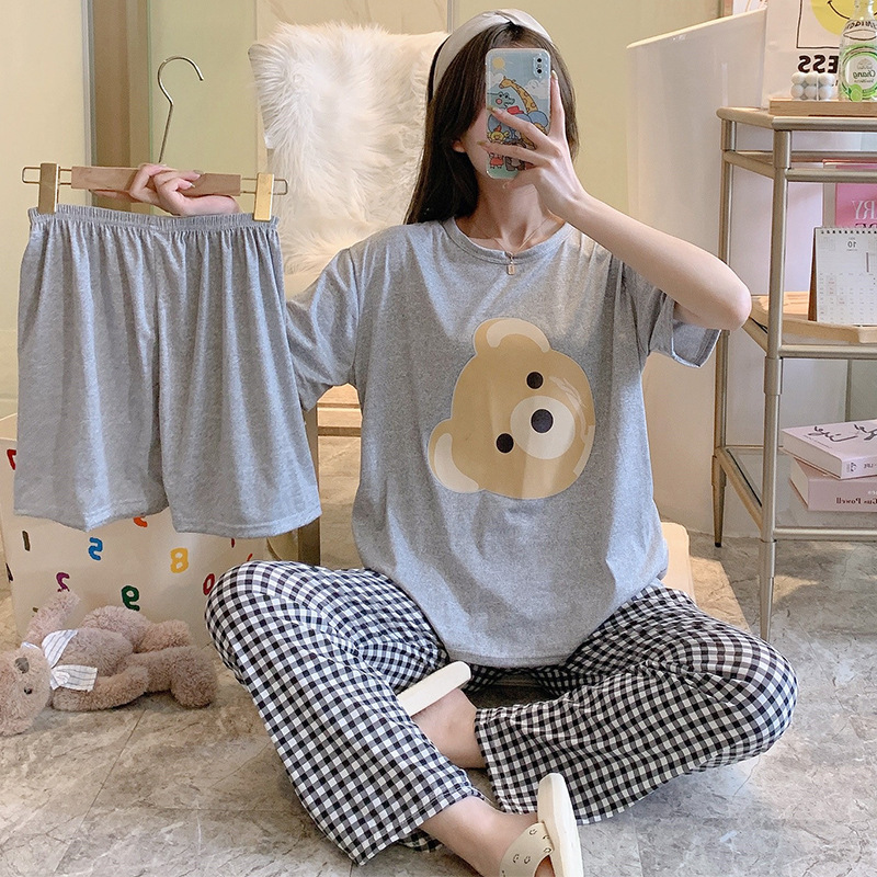 Girls Short Sleeve Sleepwear 3 Pcs Set Nightgowns Pijamas Women Cheap Femme Pjs Mujer Pajamas For Women