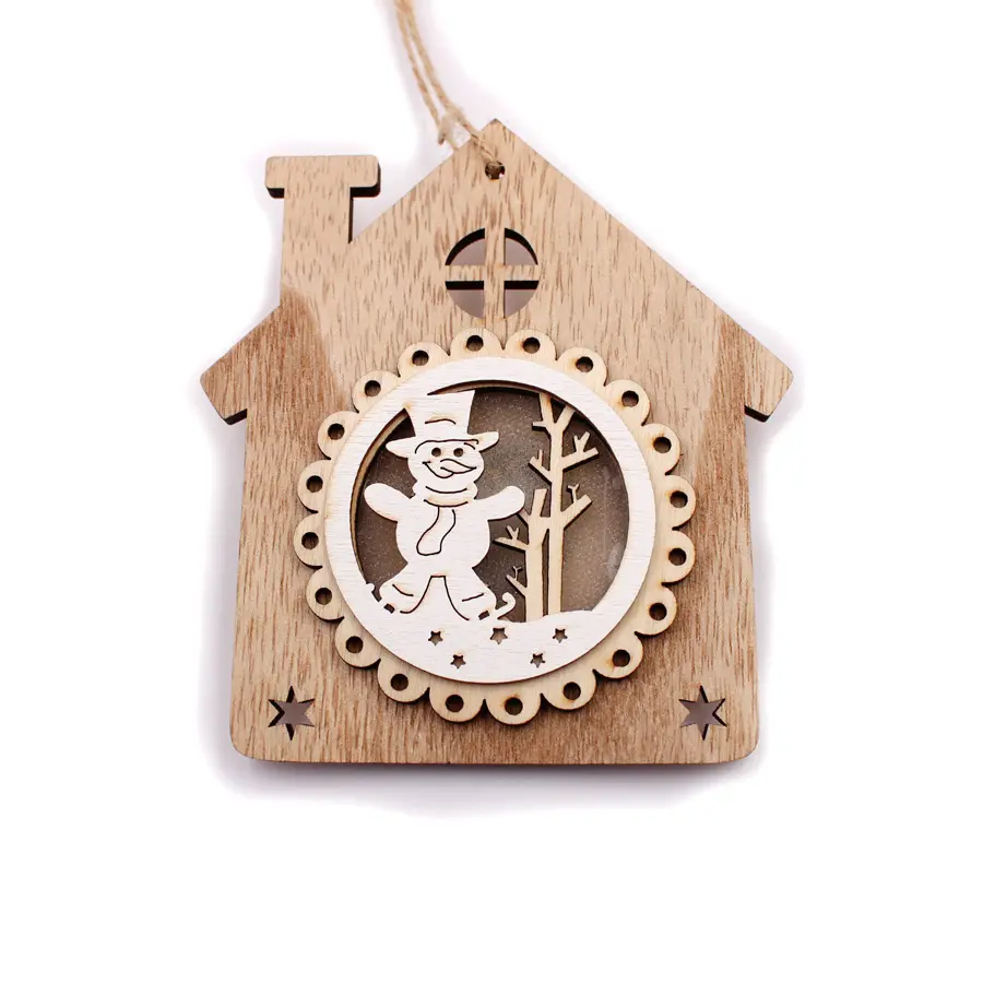 Houten Kerstman Huis Sneeuwpop Kerst Decoratie Licht Glow Hanger Sneeuwvlok Ornament