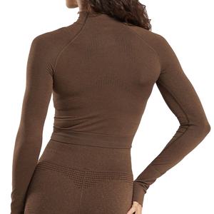 T-shirt à manches longues avec fermeture éclair, fabricant en gros, t-shirt de yoga, fitness, couleur unie, débardeur de yoga pour femmes - Product Image 3