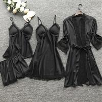 Pyjama en dentelle pour femmes Chemise de nuit en dentelle avec coussin de poitrine Pyjama en dentelle sexy Ensemble quatre pièces