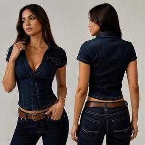Blusa de Manga Corta para Mujer, Estilo Denim Azul, Corte Ajustado, Vintage, con Botones al Frente, Informal, para Oficina, Color Sólido, para Verano - Product Image 1