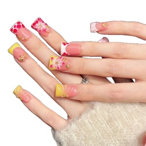 Lot de 10 faux ongles de luxe faits à la main en forme de canard, de haute qualité, épais, courts, avec coquillages océaniques et fleurs 3D - Product Image 4