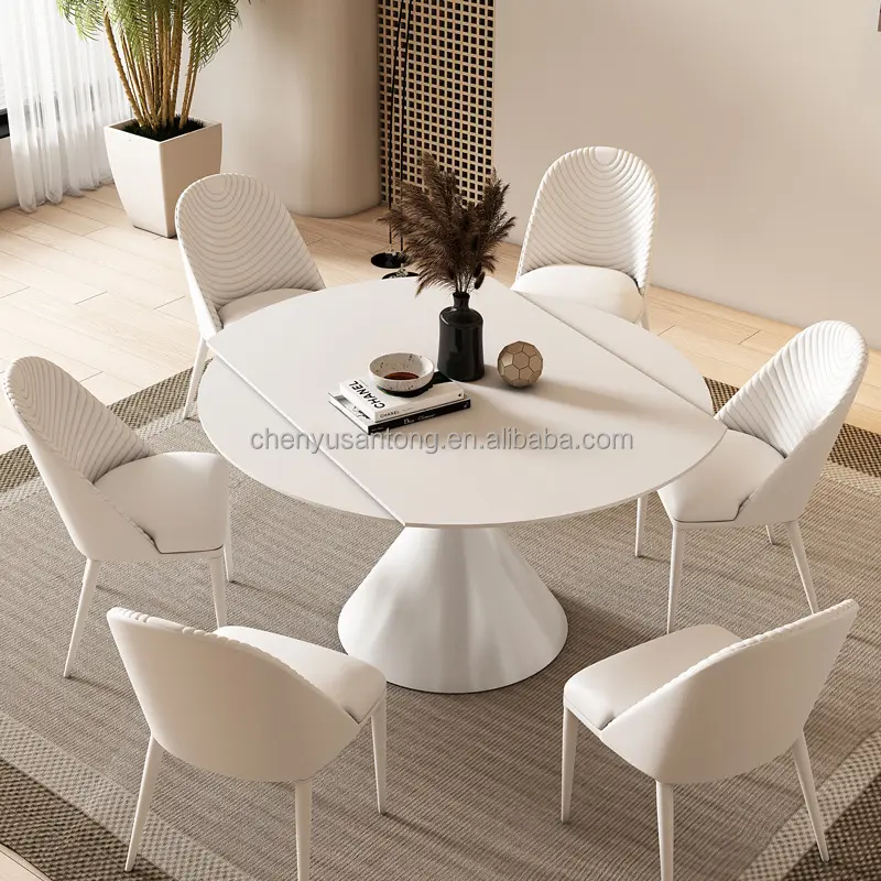 Modern luxury Home Furniture Dinning Room Set 4 6 Seater Microfiber Leather Round White Marble Dining Table For Restaurant