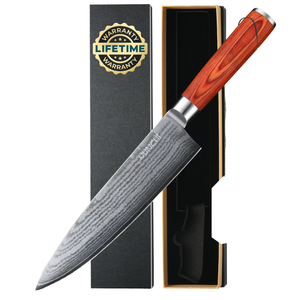 Cuchillo de Chef Forjado de Acero al Carbono Ultra Afilado de 8 Pulgadas con Mango de Madera Roja, Diseño Ambidiestro - Product Image 1
