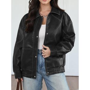 Womens Oversized Leather Bomber Jacket Full Sleeve Turn <b>Down</b> Collar Autumn Winter Coat - Product Image 2