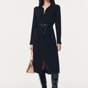 Robe décontractée élégante pour femme, longueur genou, 100 % lin, anti-plis, manches longues, coupe ample, simple boutonnage, avec fente - Product Image 1