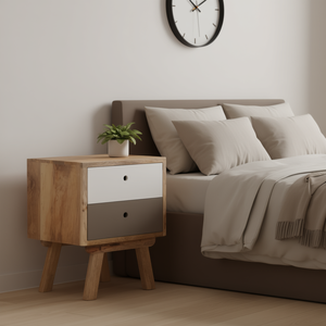 Comodino in Legno Massello di Mango con 2 Cassetti, Marrone Grigio, Stile Scandinavo, Cassettiera Contenitore per Camera da Letto - Product Image 2