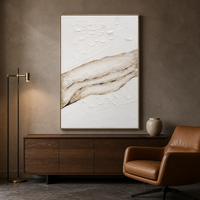 Art mural abstrait texturé moderne vertical beige et or sur toile pour la décoration du salon