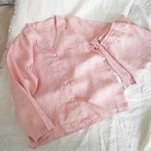 Haute qualité délavé 100% pur <span class=keywords><strong>lin</strong></span> pyjama ensemble haut et pantalon Simple vêtements de nuit décontractés vêtements de détente pour les femmes - Product Image 3
